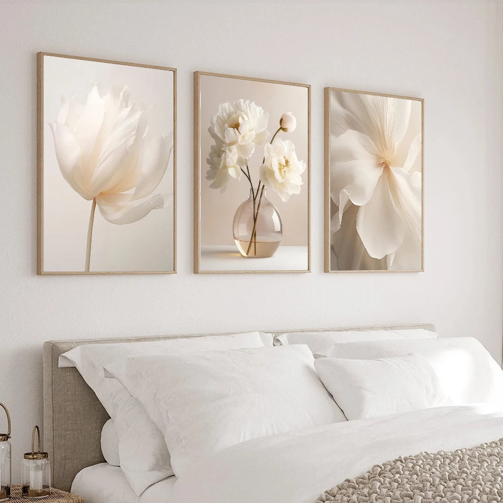 Frameless Nordic Beige Peony Canvas Wall Art – Floral Botanical Home Decor (1PC/3PCS)
