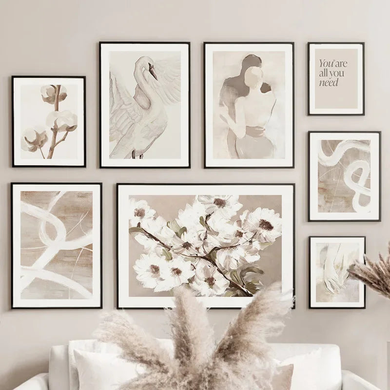 Beige Peach Blossom Swan Lover Canvas Wall Art – Nordic Spring Home Decor