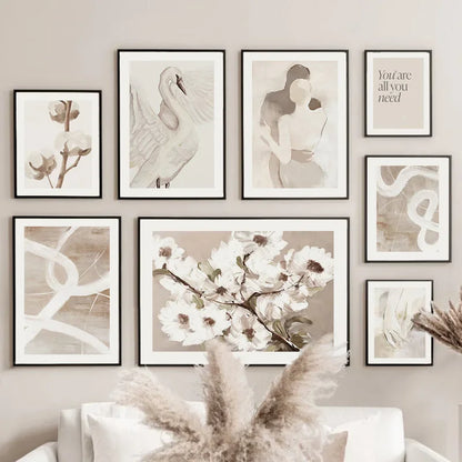 Beige Peach Blossom Swan Lover Canvas Wall Art – Nordic Spring Home Decor