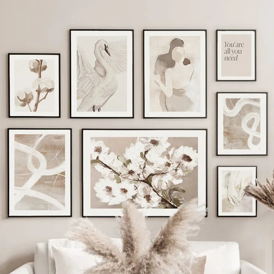 Beige Peach Blossom Swan Lover Canvas Wall Art – Nordic Spring Home Decor