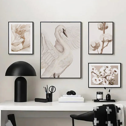 Beige Peach Blossom Swan Lover Canvas Wall Art – Nordic Spring Home Decor