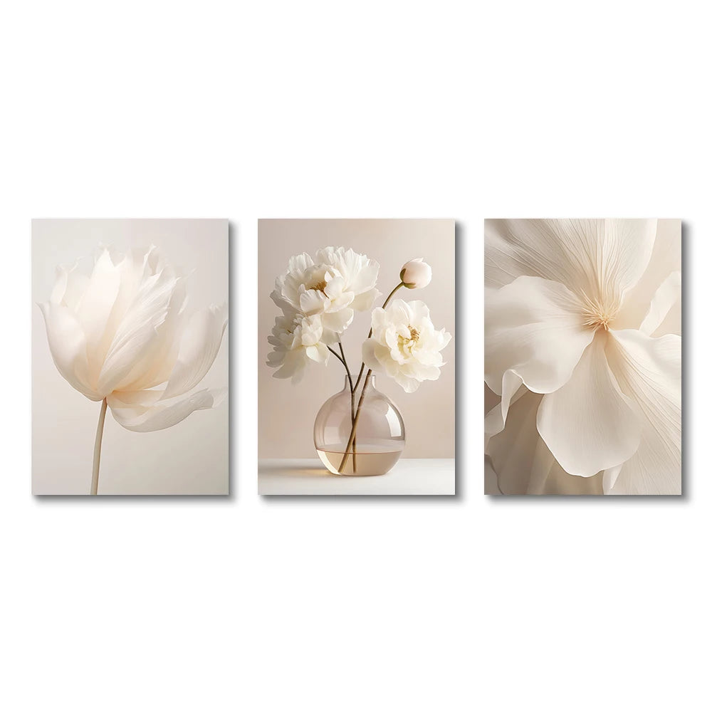 Frameless Nordic Beige Peony Canvas Wall Art – Floral Botanical Home Decor (1PC/3PCS)