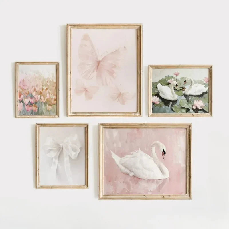 Pink Butterfly Flower Swan Canvas Wall Art – Vintage Nursery Home Decor