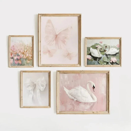 Pink Butterfly Flower Swan Canvas Wall Art – Vintage Nursery Home Decor
